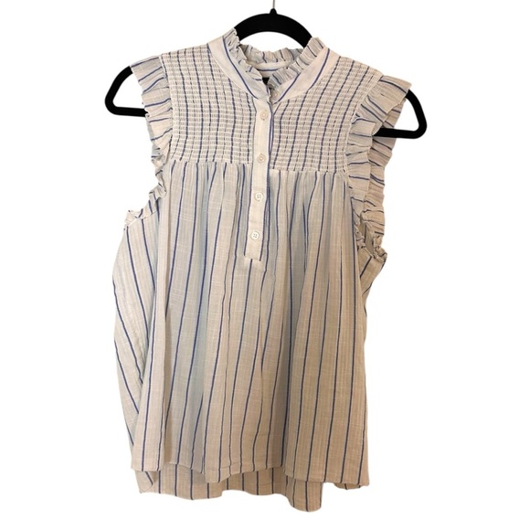 J. Crew Smocked Ruffle Gauze Top-White Stripe- Size Small - Picture 2 of 10